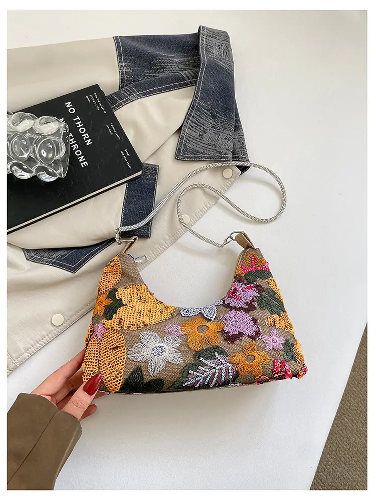 New Chinese-style embroidered versatile handbag 2026 new model niche lightweight embroidered bag sequin bag single shoulder underarm bag - Image 2