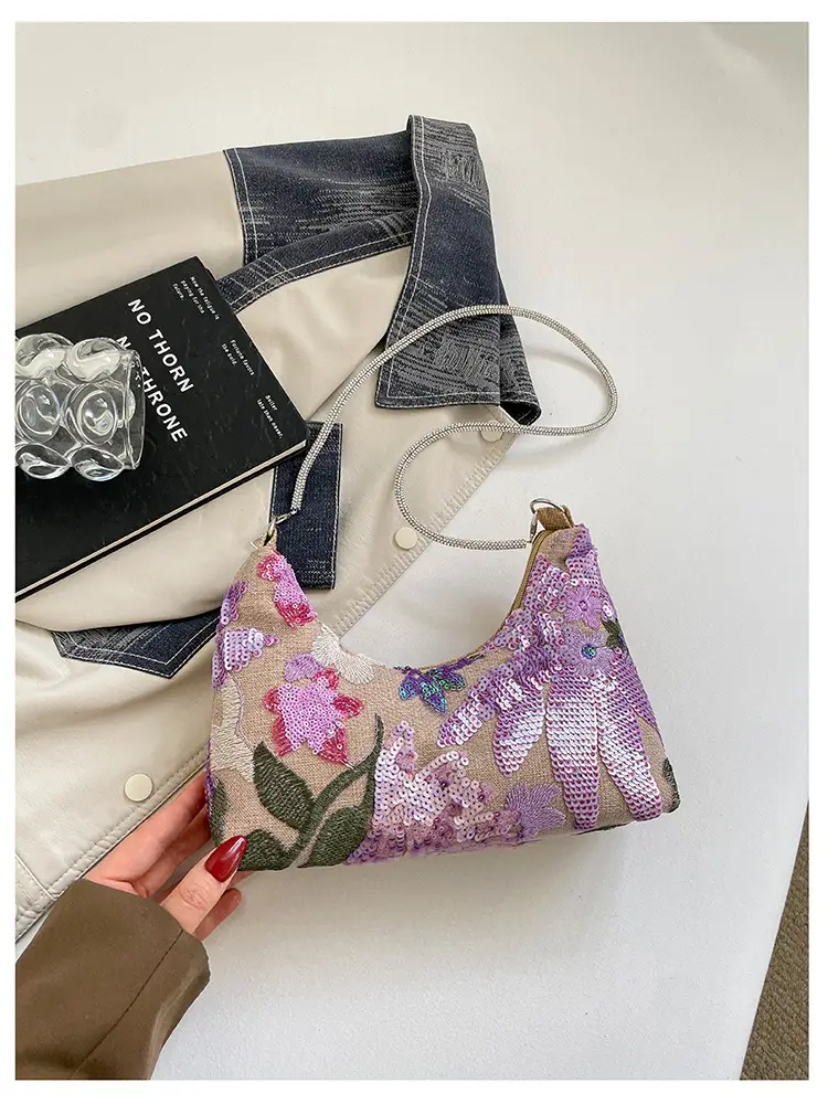 New Chinese-style embroidered versatile handbag 2026 new model niche lightweight embroidered bag sequin bag single shoulder underarm bag - Image 3