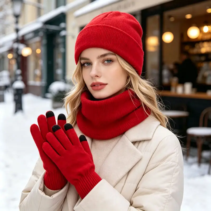 Cross-border Amazon European and American hat, scarf, and gloves set, warm and cold-resistant, fashionable and versatile knitted hat for autumn and winter