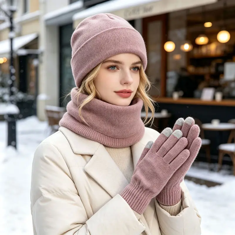 Cross-border Amazon European and American hat, scarf, and gloves set, warm and cold-resistant, fashionable and versatile knitted hat for autumn and winter