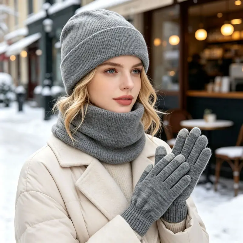 Cross-border Amazon European and American hat, scarf, and gloves set, warm and cold-resistant, fashionable and versatile knitted hat for autumn and winter