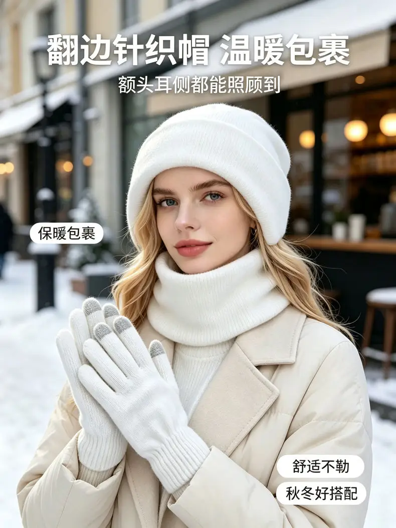 Cross-border Amazon European and American hat, scarf, and gloves set, warm and cold-resistant, fashionable and versatile knitted hat for autumn and winter — feature 7