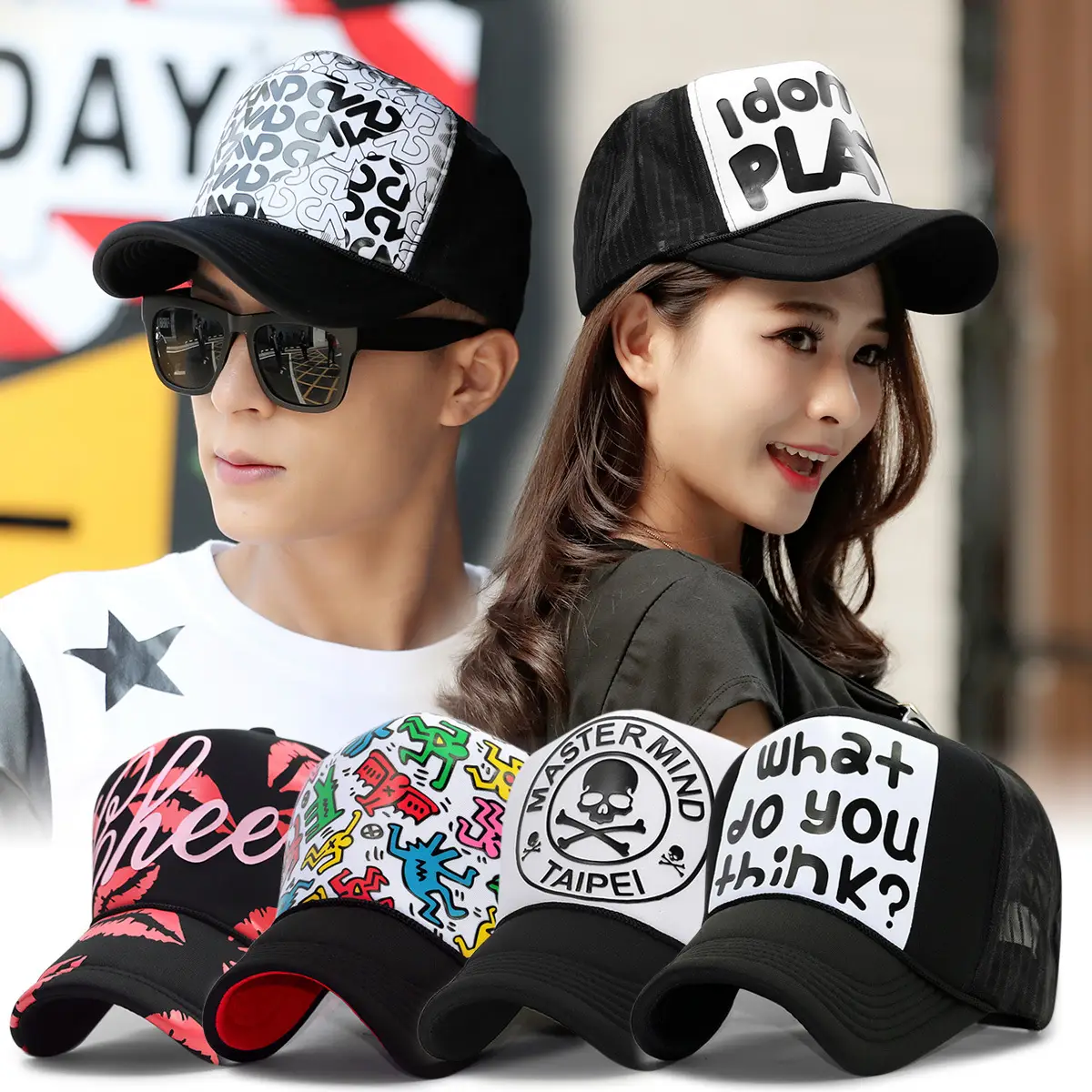 Korean Style Pink Lip Print Mesh Truck Cap - Image 29