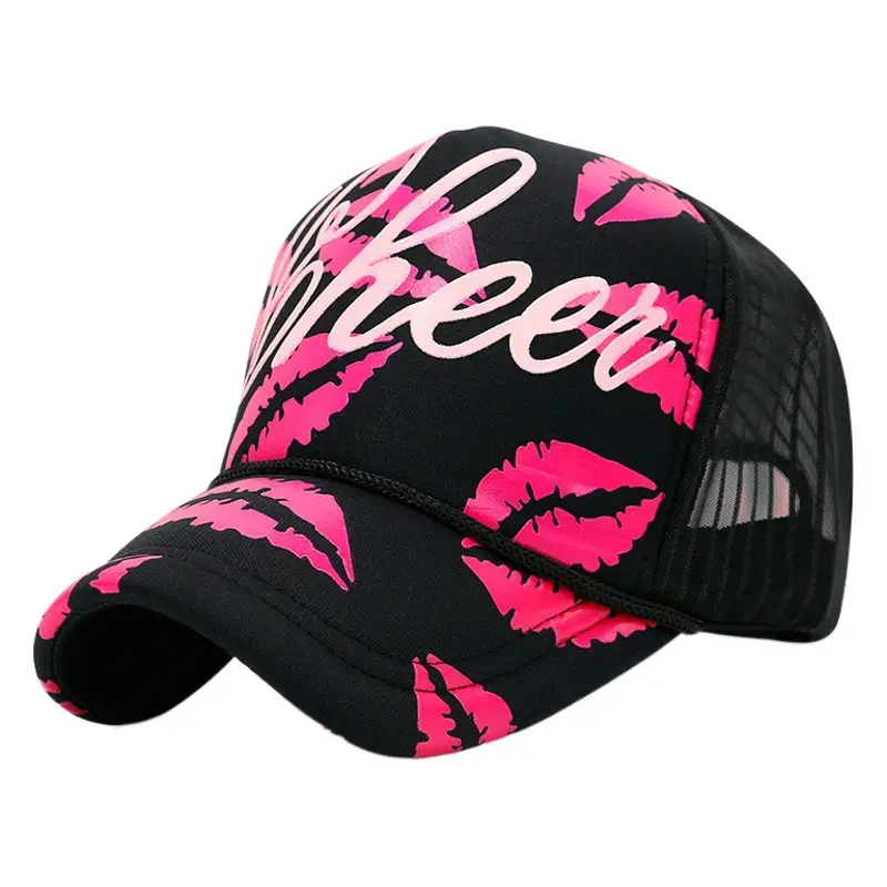 Korean Style Pink Lip Print Mesh Truck Cap