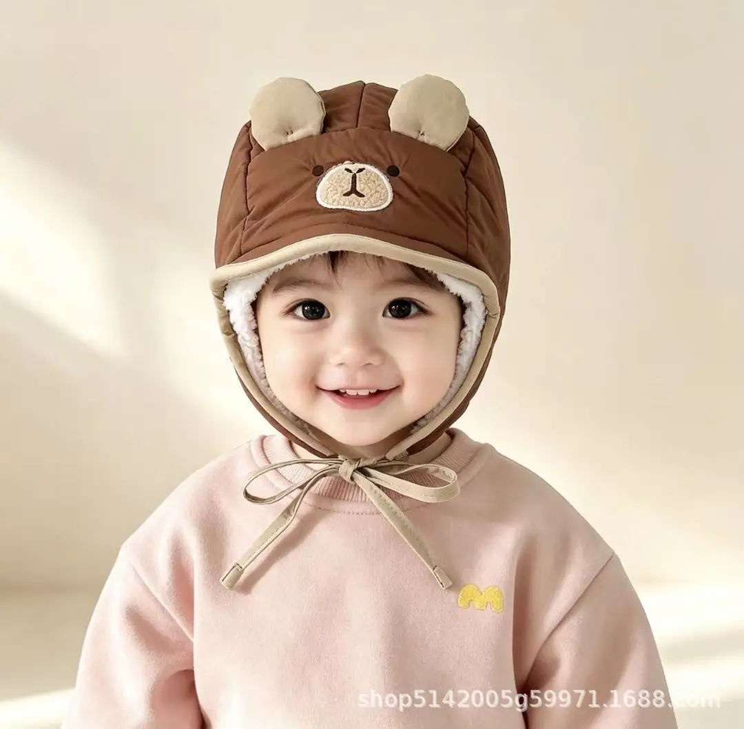 Korean-style new cartoon animal-themed baby hat, fleece-lined for warmth, with ear protection, soft brim, suitable for autumn and winter, children's hat