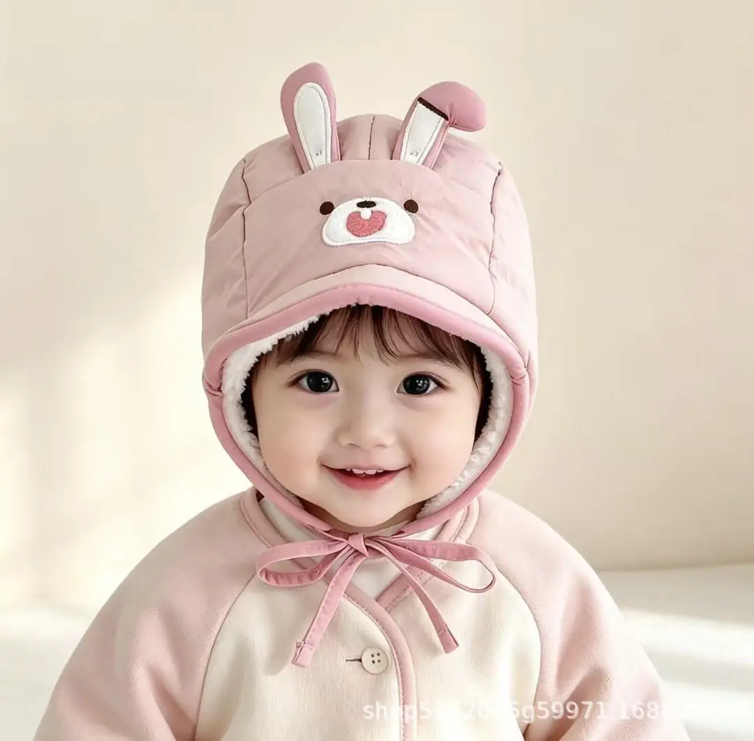 Korean-style new cartoon animal-themed baby hat, fleece-lined for warmth, with ear protection, soft brim, suitable for autumn and winter, children's hat