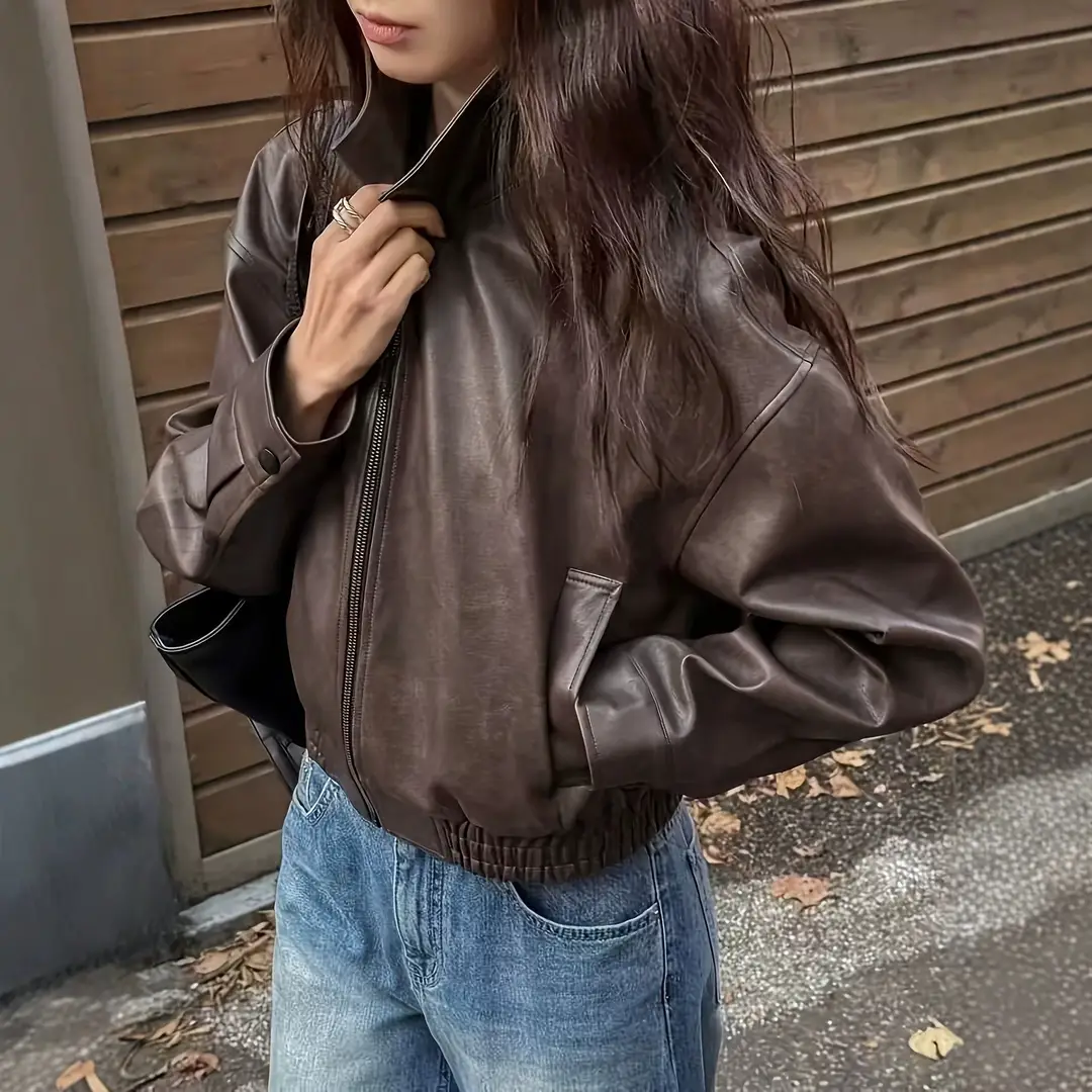 Korean-style loose-fitting, drop-shoulder, short, collared leather jacket. Vintage, versatile, simple, and suitable for commuting in spring and autumn, ideal for petite individuals