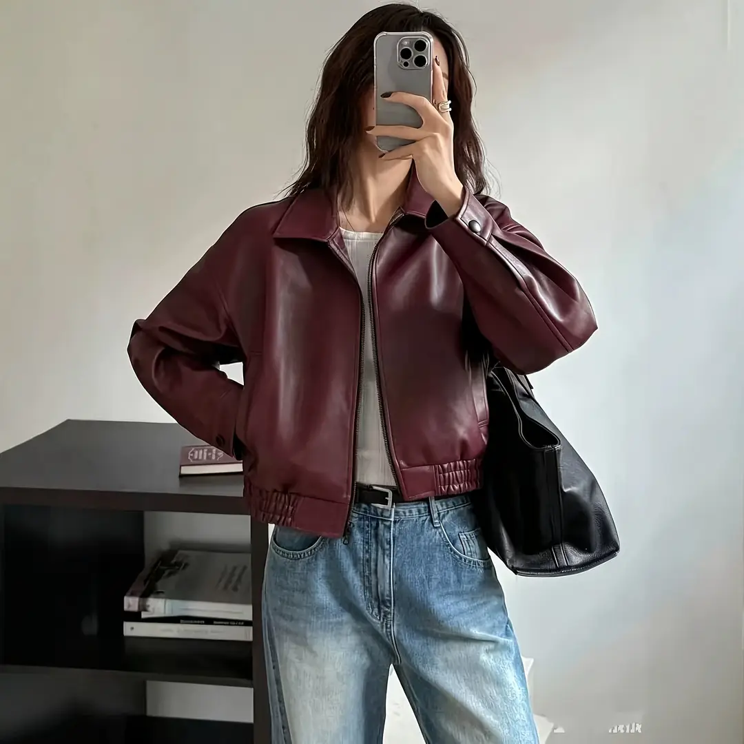 Korean-style loose-fitting, drop-shoulder, short, collared leather jacket. Vintage, versatile, simple, and suitable for commuting in spring and autumn, ideal for petite individuals