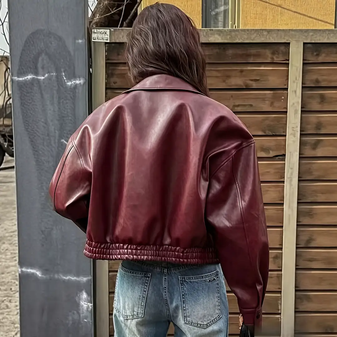 Korean-style loose-fitting, drop-shoulder, short, collared leather jacket. Vintage, versatile, simple, and suitable for commuting in spring and autumn, ideal for petite individuals