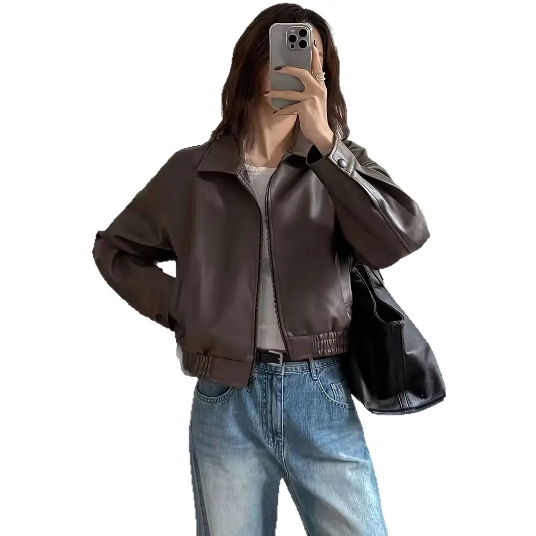 Korean-style loose-fitting, drop-shoulder, short, collared leather jacket. Vintage, versatile, simple, and suitable for commuting in spring and autumn, ideal for petite individuals