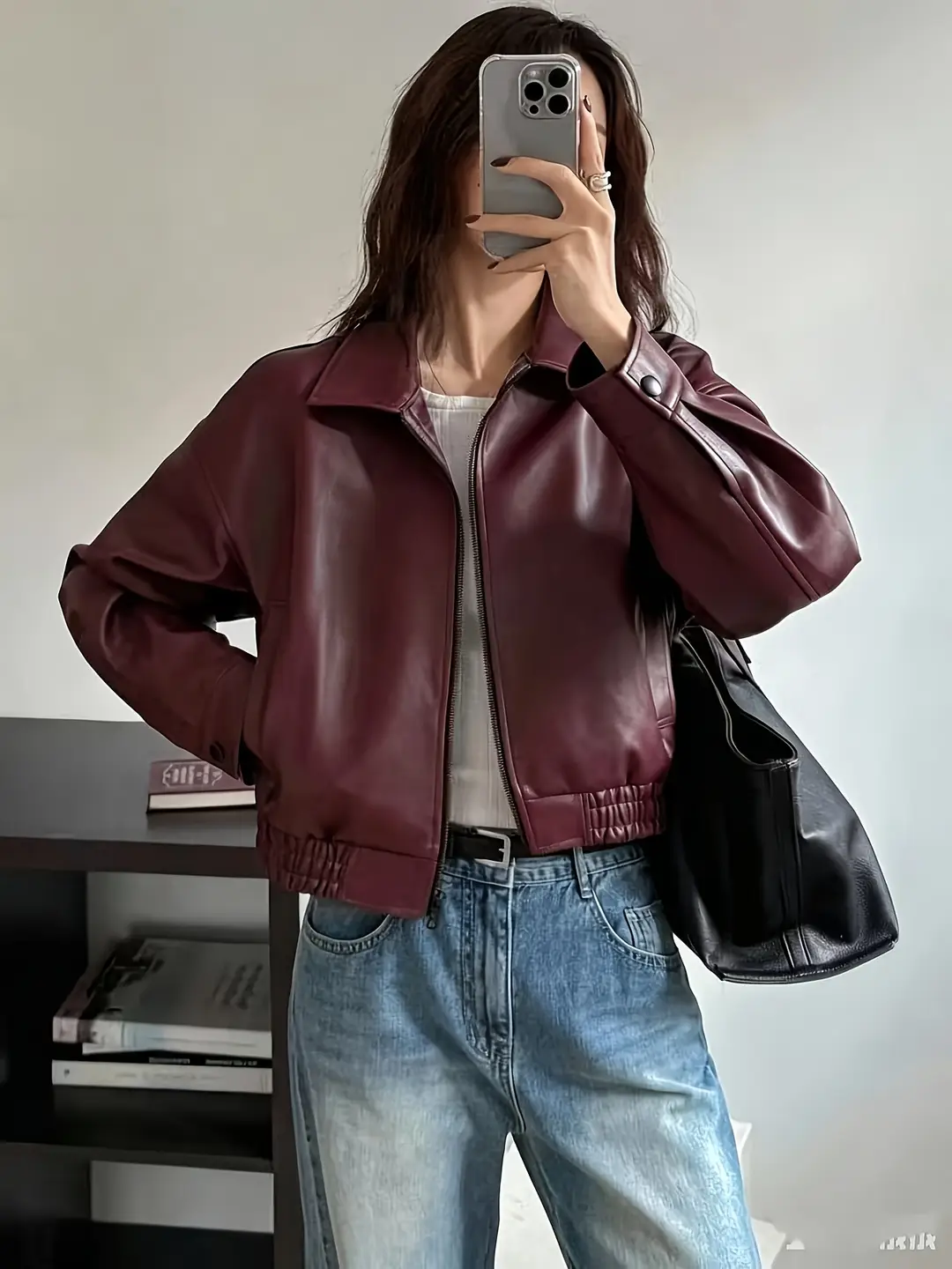 Korean-style loose-fitting, drop-shoulder, short, collared leather jacket. Vintage, versatile, simple, and suitable for commuting in spring and autumn, ideal for petite individuals — feature 14