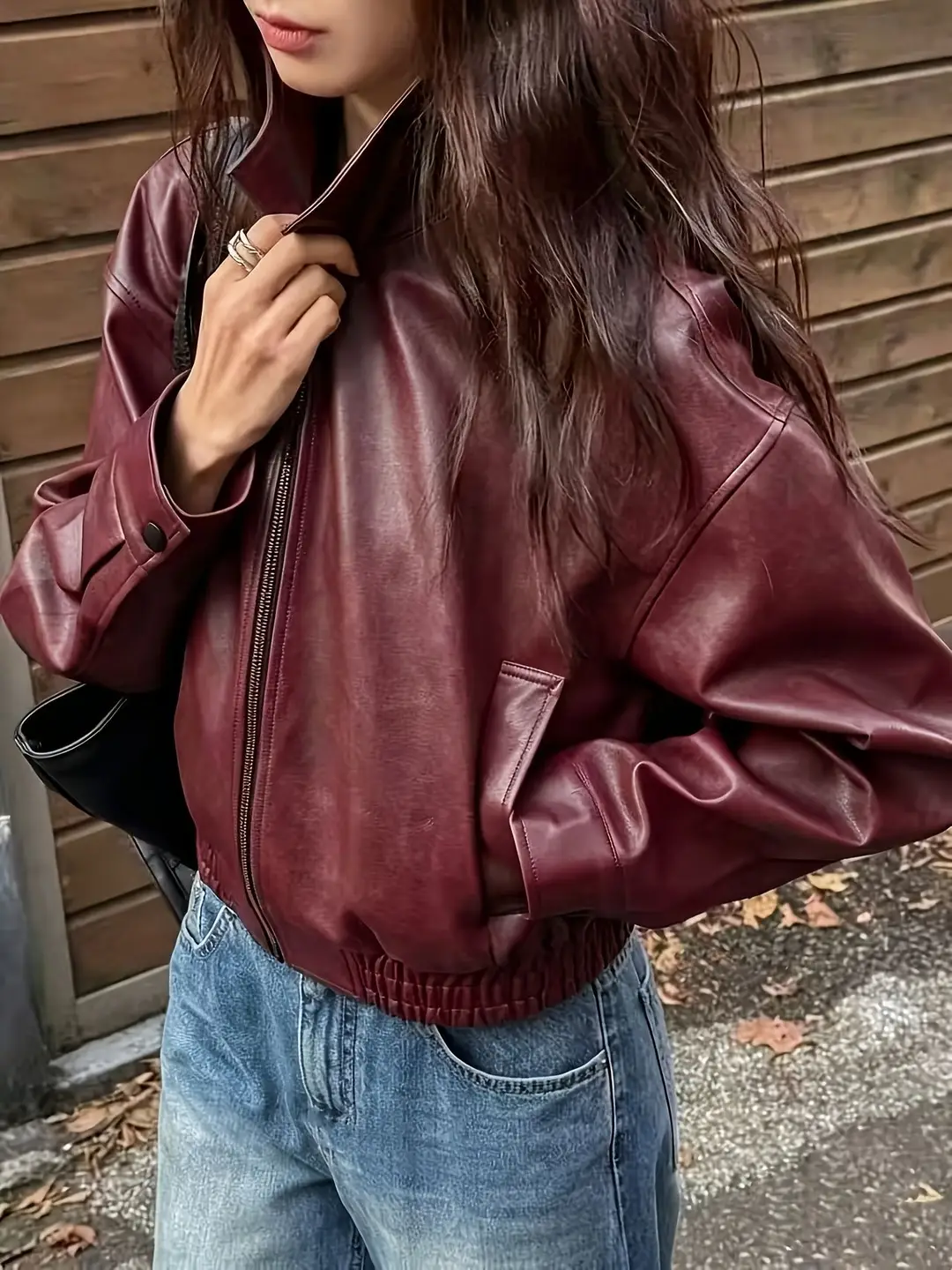 Korean-style loose-fitting, drop-shoulder, short, collared leather jacket. Vintage, versatile, simple, and suitable for commuting in spring and autumn, ideal for petite individuals