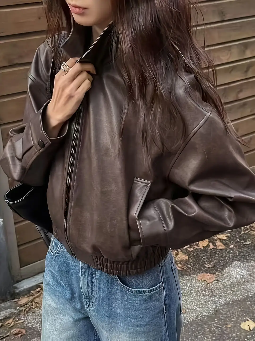 Korean-style loose-fitting, drop-shoulder, short, collared leather jacket. Vintage, versatile, simple, and suitable for commuting in spring and autumn, ideal for petite individuals