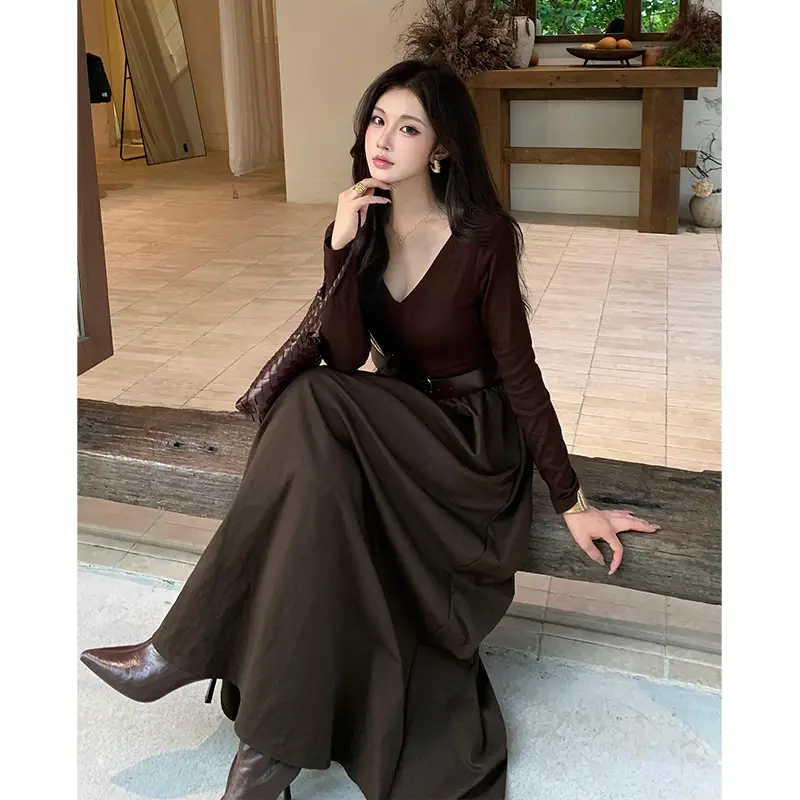 Cross-border foreign trade elegant long-sleeve dress 2026 autumn new fashion waist-cinching mature chic A-line long dress for women