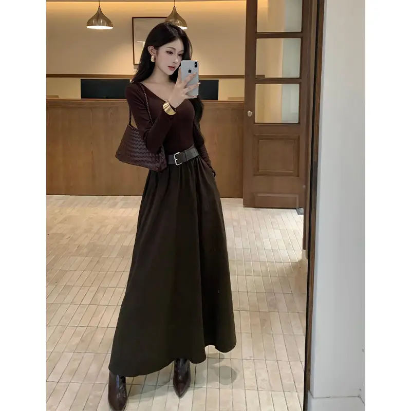 Cross-border foreign trade elegant long-sleeve dress 2026 autumn new fashion waist-cinching mature chic A-line long dress for women