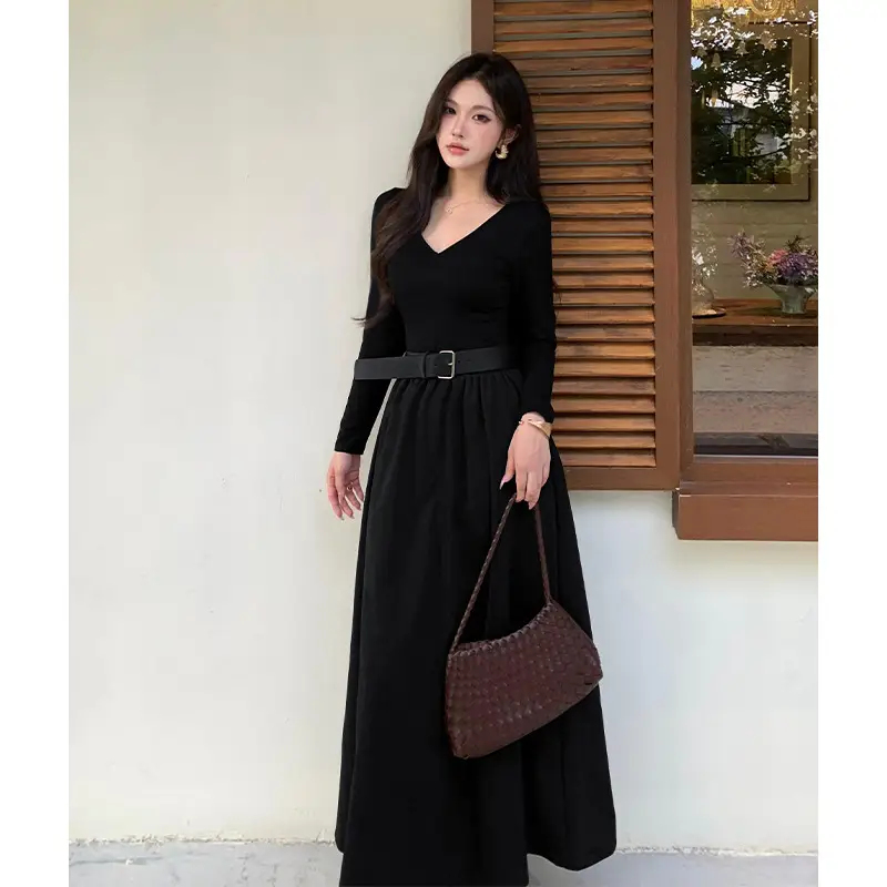 Cross-border foreign trade elegant long-sleeve dress 2026 autumn new fashion waist-cinching mature chic A-line long dress for women