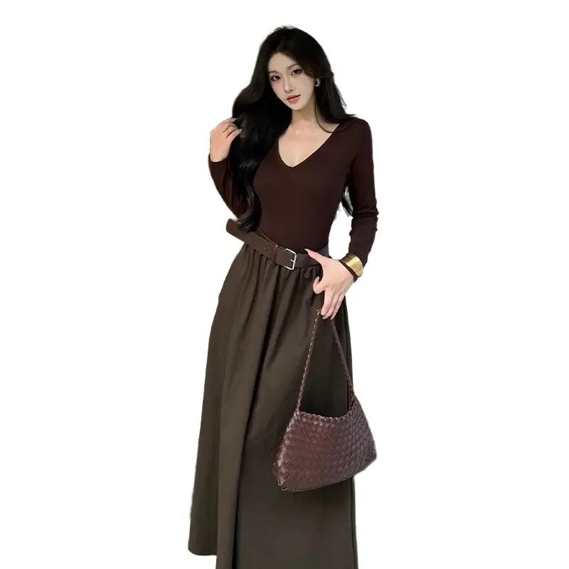 Cross-border foreign trade elegant long-sleeve dress 2026 autumn new fashion waist-cinching mature chic A-line long dress for women