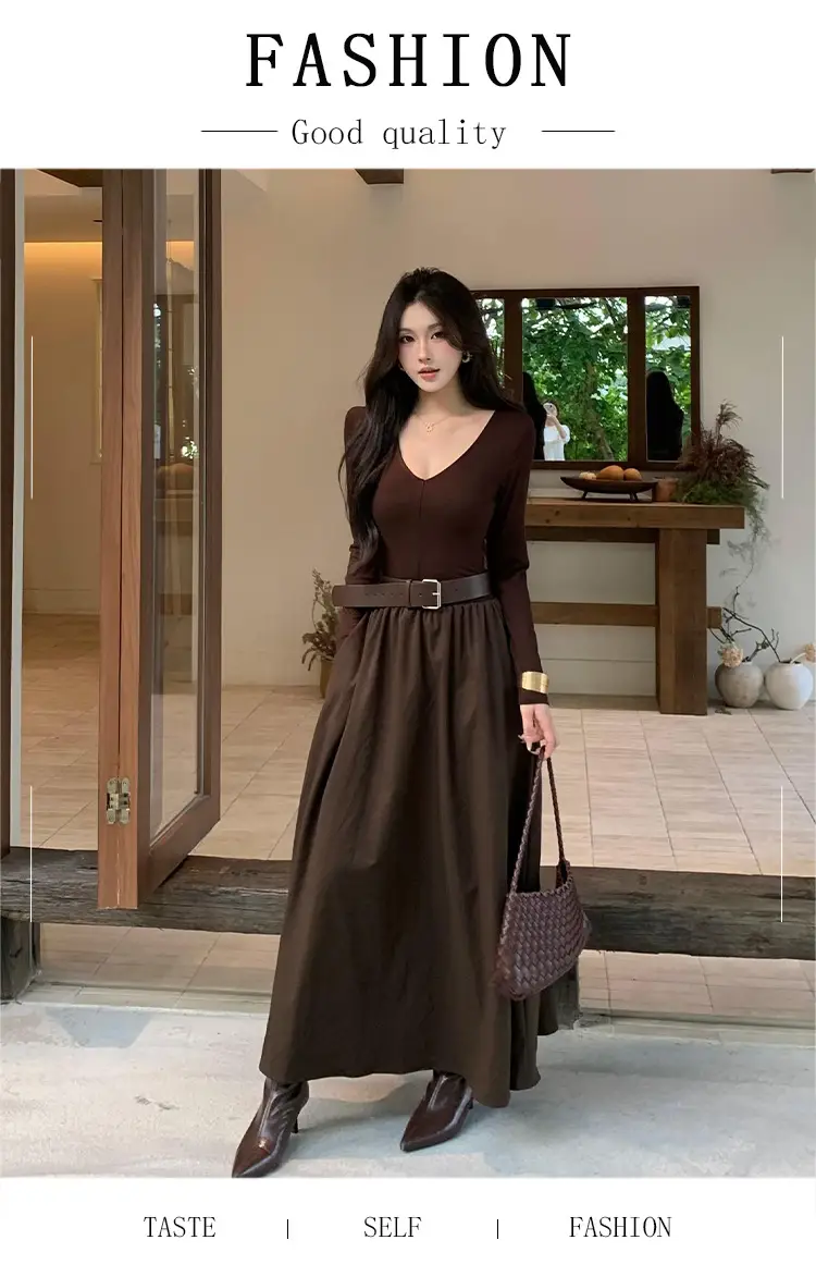 Cross-border foreign trade elegant long-sleeve dress 2026 autumn new fashion waist-cinching mature chic A-line long dress for women — feature 1
