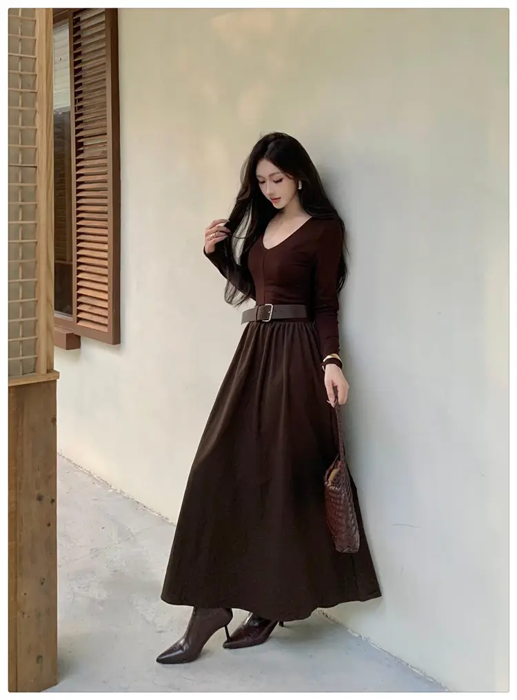 Cross-border foreign trade elegant long-sleeve dress 2026 autumn new fashion waist-cinching mature chic A-line long dress for women — feature 12