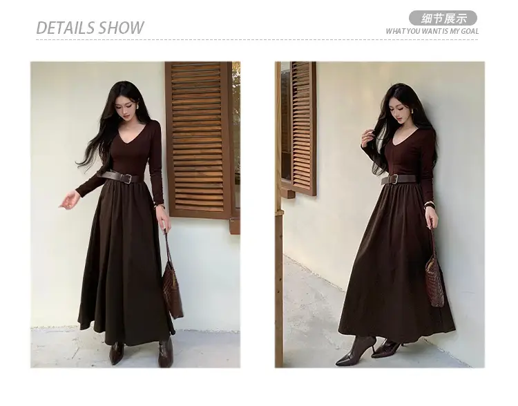Cross-border foreign trade elegant long-sleeve dress 2026 autumn new fashion waist-cinching mature chic A-line long dress for women — feature 2
