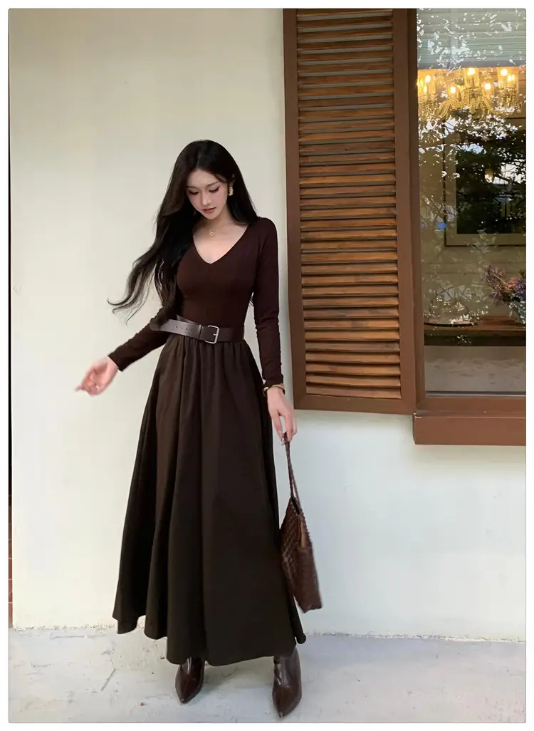 Cross-border foreign trade elegant long-sleeve dress 2026 autumn new fashion waist-cinching mature chic A-line long dress for women — feature 8