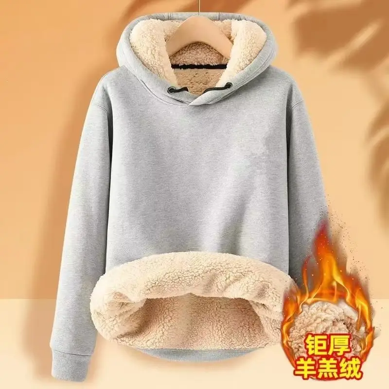 Men's thickened fleece hoodie for winter, solid color, warm top for students, fleece-lined base layer, trendy style