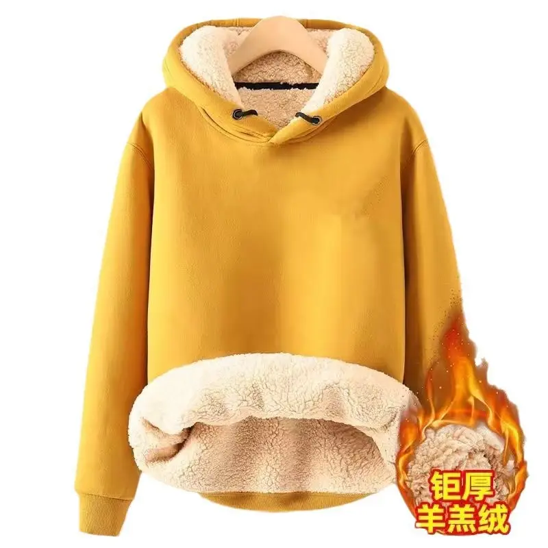 Men's thickened fleece hoodie for winter, solid color, warm top for students, fleece-lined base layer, trendy style