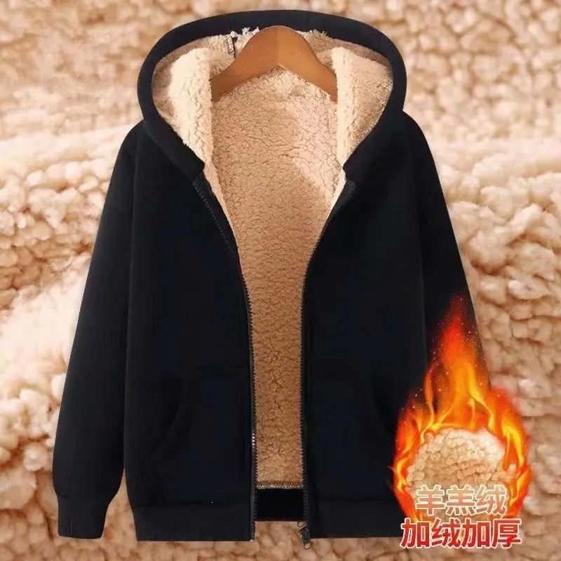 Men's thickened fleece hoodie for winter, solid color, warm top for students, fleece-lined base layer, trendy style — feature 10
