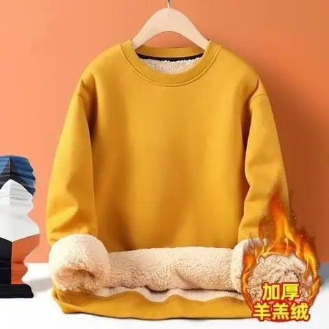 Men's thickened fleece hoodie for winter, solid color, warm top for students, fleece-lined base layer, trendy style — feature 16