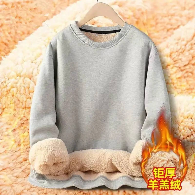 Men's thickened fleece hoodie for winter, solid color, warm top for students, fleece-lined base layer, trendy style
