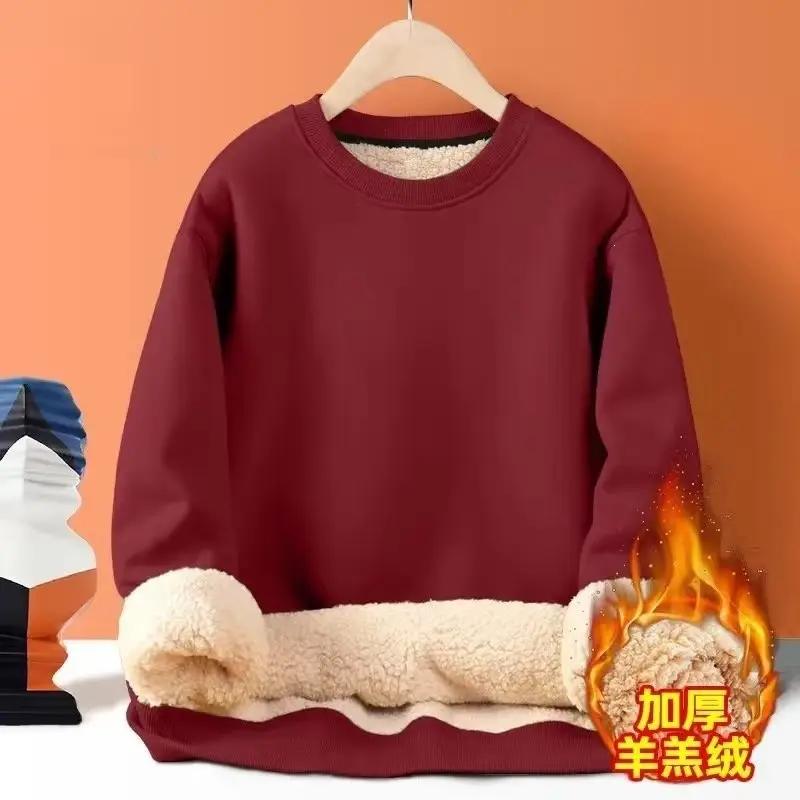 Men's thickened fleece hoodie for winter, solid color, warm top for students, fleece-lined base layer, trendy style