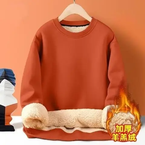 Men's thickened fleece hoodie for winter, solid color, warm top for students, fleece-lined base layer, trendy style