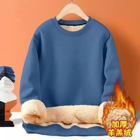 Men's thickened fleece hoodie for winter, solid color, warm top for students, fleece-lined base layer, trendy style