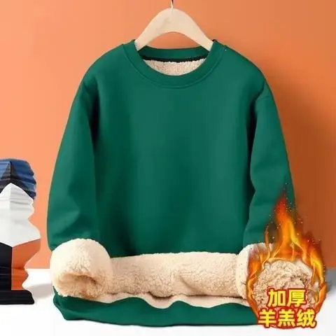 Men's thickened fleece hoodie for winter, solid color, warm top for students, fleece-lined base layer, trendy style