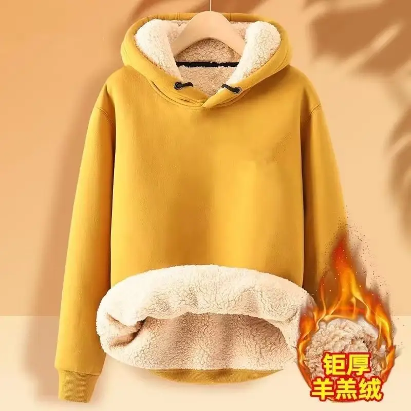 Men's thickened fleece hoodie for winter, solid color, warm top for students, fleece-lined base layer, trendy style