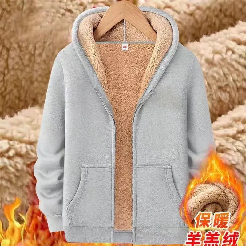 Men's thickened fleece hoodie for winter, solid color, warm top for students, fleece-lined base layer, trendy style