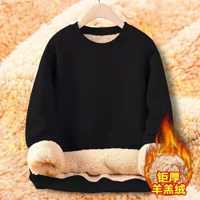 Men's thickened fleece hoodie for winter, solid color, warm top for students, fleece-lined base layer, trendy style