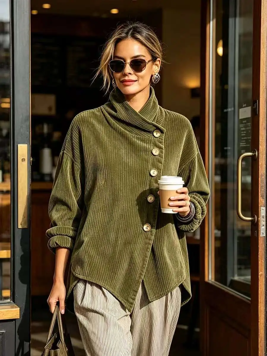 2026 Cross-Border European and American Autumn and Winter New Corduroy Irregular Loose Shoulder-Drop Diagonal Button Jacket for Women