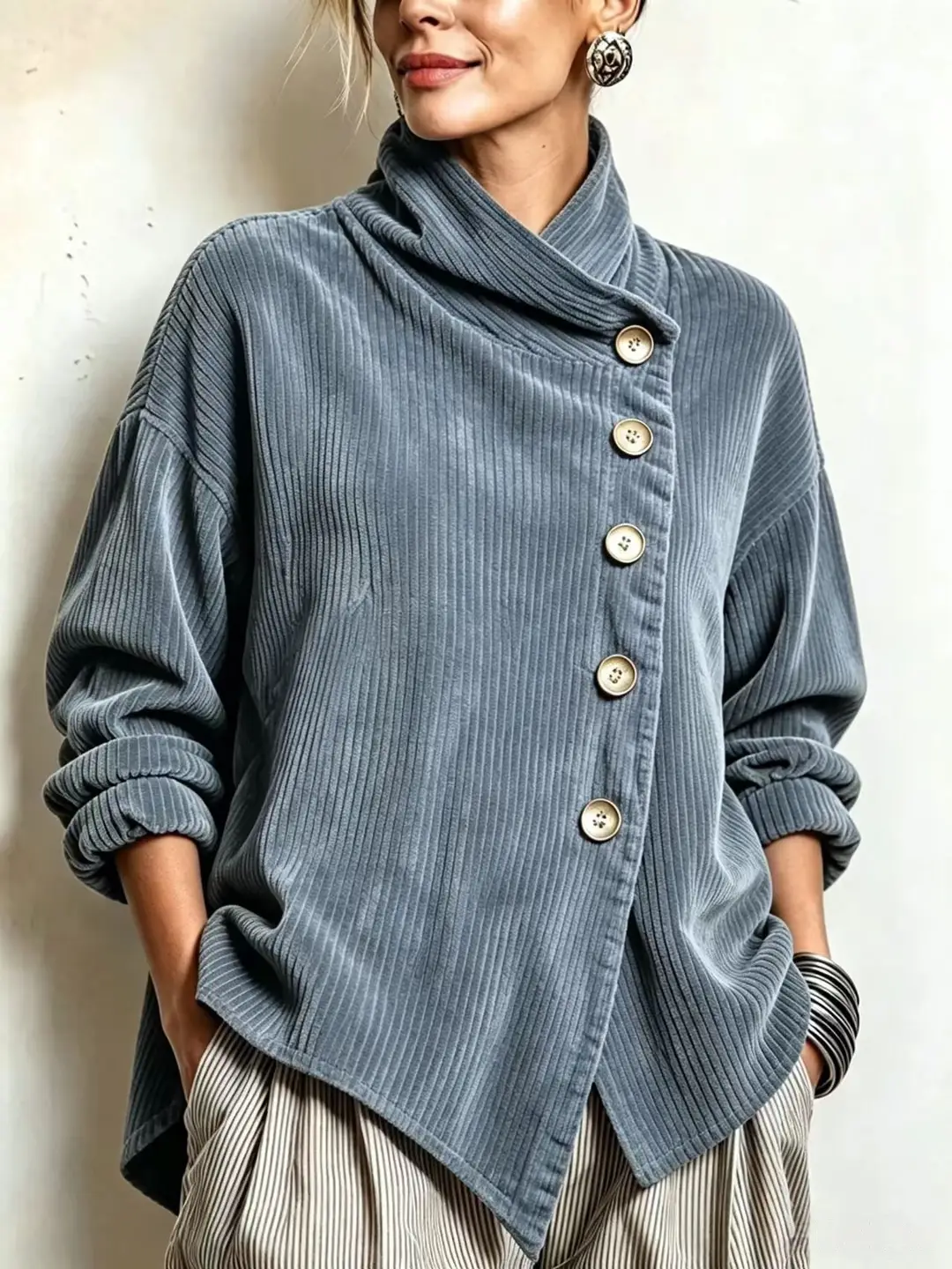 2026 Cross-Border European and American Autumn and Winter New Corduroy Irregular Loose Shoulder-Drop Diagonal Button Jacket for Women