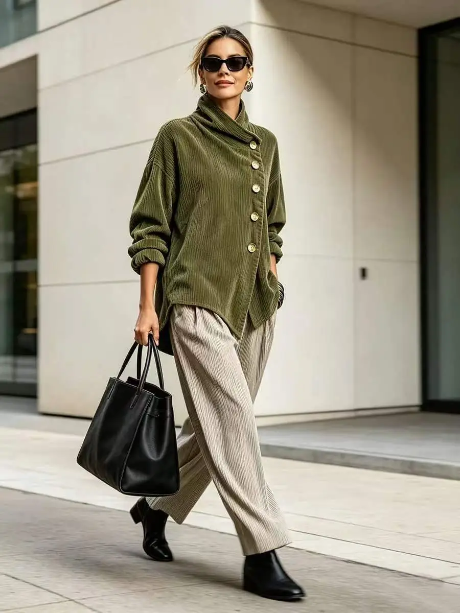 2026 Cross-Border European and American Autumn and Winter New Corduroy Irregular Loose Shoulder-Drop Diagonal Button Jacket for Women — feature 11