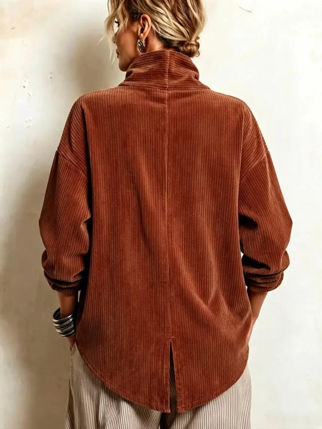 2026 Cross-Border European and American Autumn and Winter New Corduroy Irregular Loose Shoulder-Drop Diagonal Button Jacket for Women — feature 15