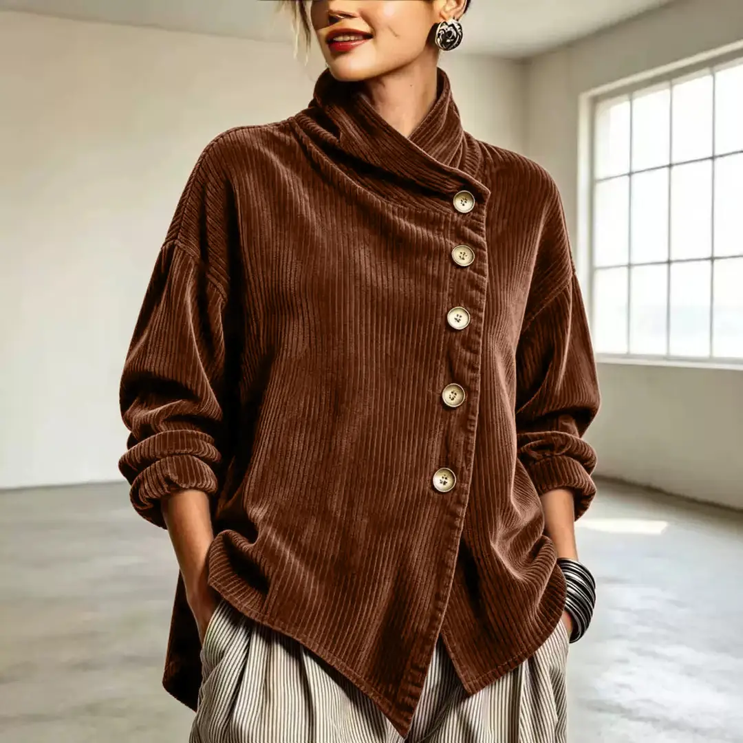 2026 Cross-Border European and American Autumn and Winter New Corduroy Irregular Loose Shoulder-Drop Diagonal Button Jacket for Women — feature 22