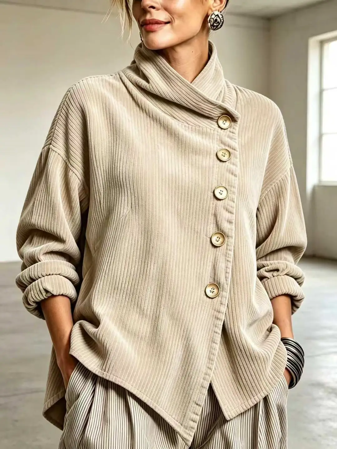 2026 Cross-Border European and American Autumn and Winter New Corduroy Irregular Loose Shoulder-Drop Diagonal Button Jacket for Women — feature 25