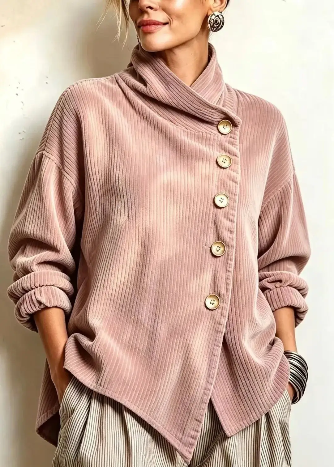 2026 Cross-Border European and American Autumn and Winter New Corduroy Irregular Loose Shoulder-Drop Diagonal Button Jacket for Women — feature 26