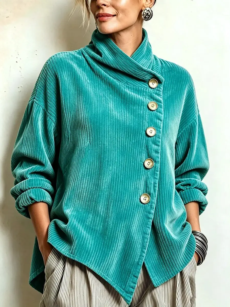 2026 Cross-Border European and American Autumn and Winter New Corduroy Irregular Loose Shoulder-Drop Diagonal Button Jacket for Women — feature 27