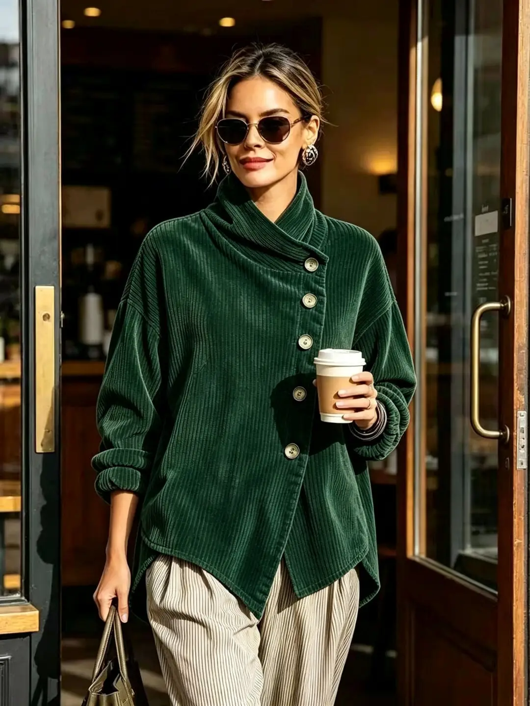 2026 Cross-Border European and American Autumn and Winter New Corduroy Irregular Loose Shoulder-Drop Diagonal Button Jacket for Women