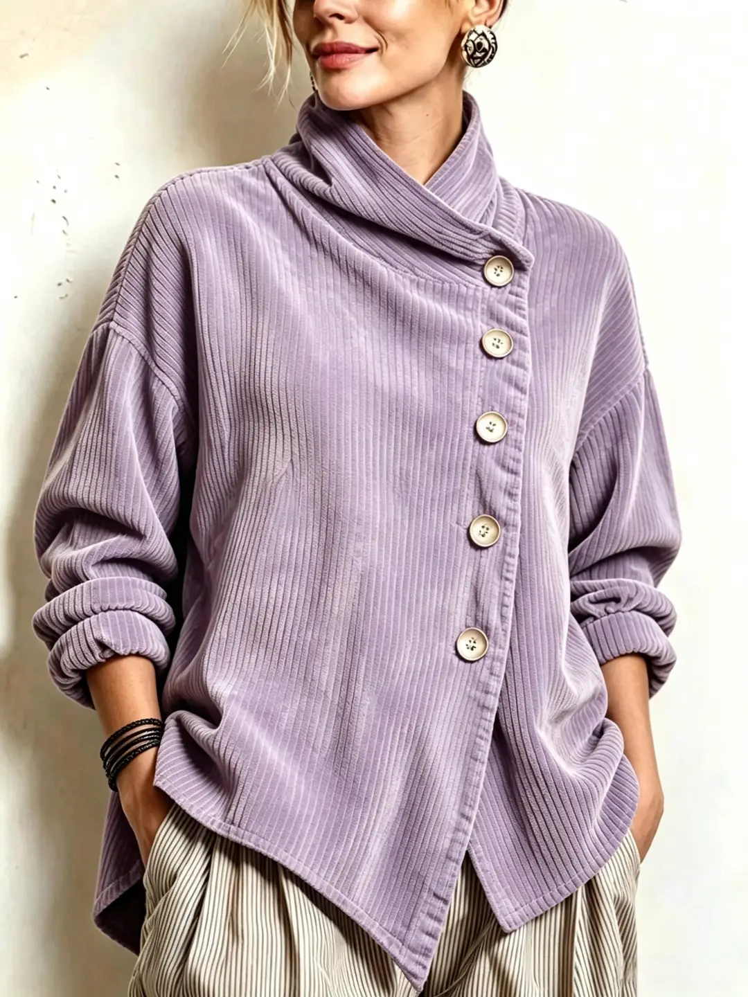 2026 Cross-Border European and American Autumn and Winter New Corduroy Irregular Loose Shoulder-Drop Diagonal Button Jacket for Women