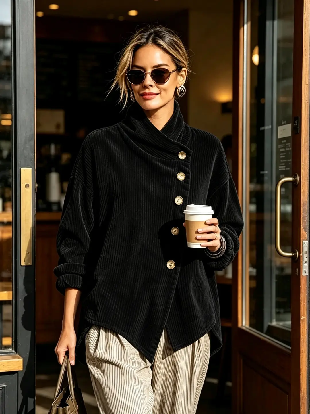 2026 Cross-Border European and American Autumn and Winter New Corduroy Irregular Loose Shoulder-Drop Diagonal Button Jacket for Women