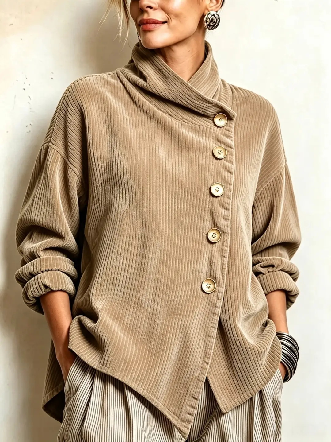 2026 Cross-Border European and American Autumn and Winter New Corduroy Irregular Loose Shoulder-Drop Diagonal Button Jacket for Women