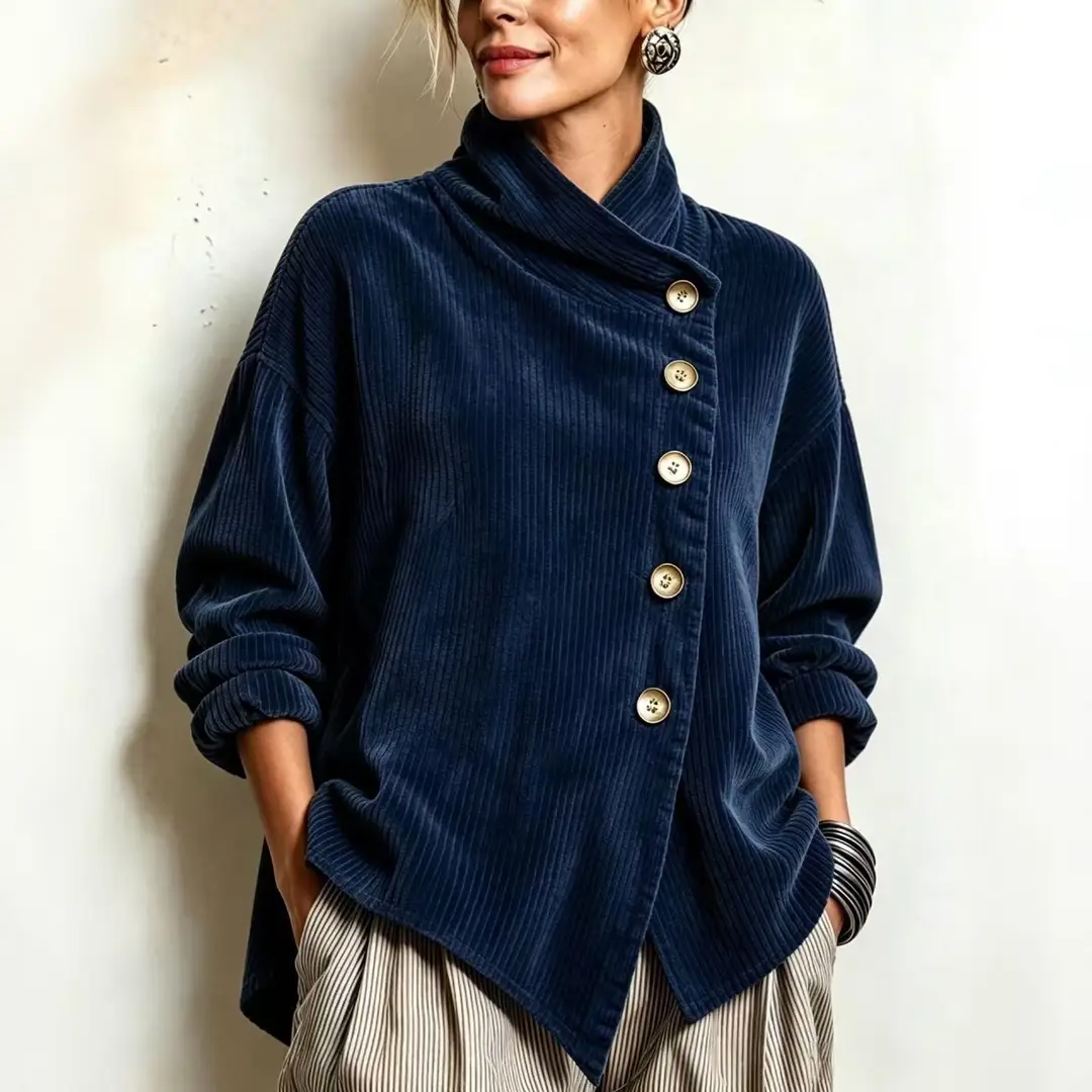 2026 Cross-Border European and American Autumn and Winter New Corduroy Irregular Loose Shoulder-Drop Diagonal Button Jacket for Women